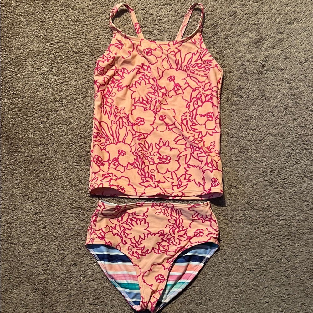 Athleta Girl Peach Floral Tankini Set with Pink Print